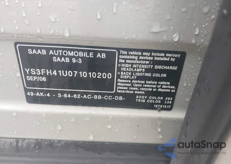 2007 Saab 9-3 Aero из США, поврежденный, VIN YS3FH41U071010200